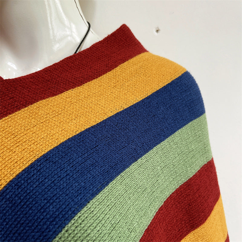 Knitted Striped Tassel Pullover Meditation Shawl Wrap