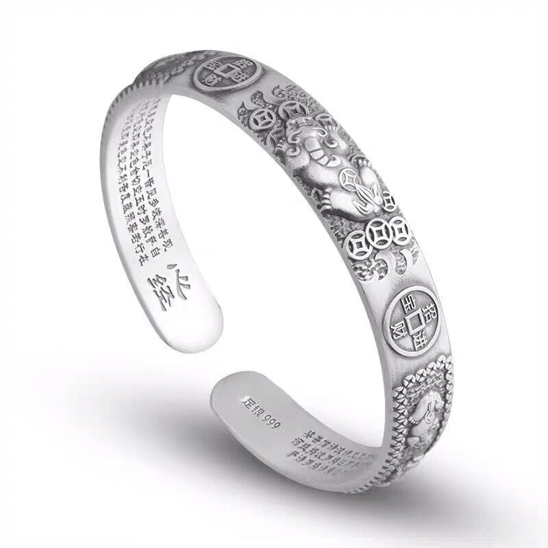 Tibetan PiXiu Heart Sutra Coin White Copper Wealth Bracelet Adjustable Bangle