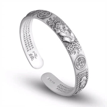 Tibetan PiXiu Heart Sutra Coin White Copper Wealth Bracelet Adjustable Bangle