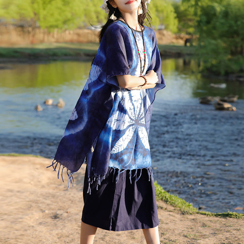 Artisanal Blue Batik Maple Leaf Mindful Travel Shawl Pullover