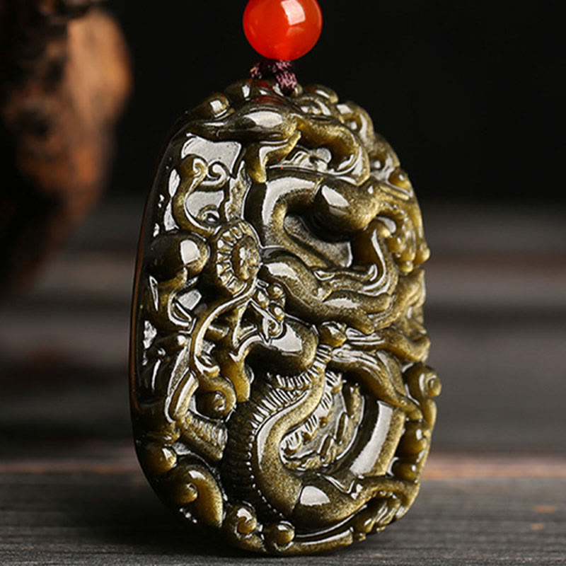 Gold Sheen Obsidian Dragon Pattern Success Necklace Pendant