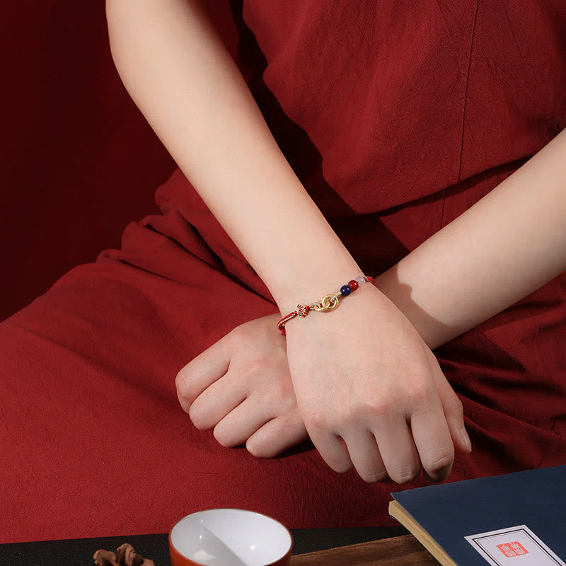 925 Sterling Silver Double Ping An Kou Lotus Jade Red String Bracelet