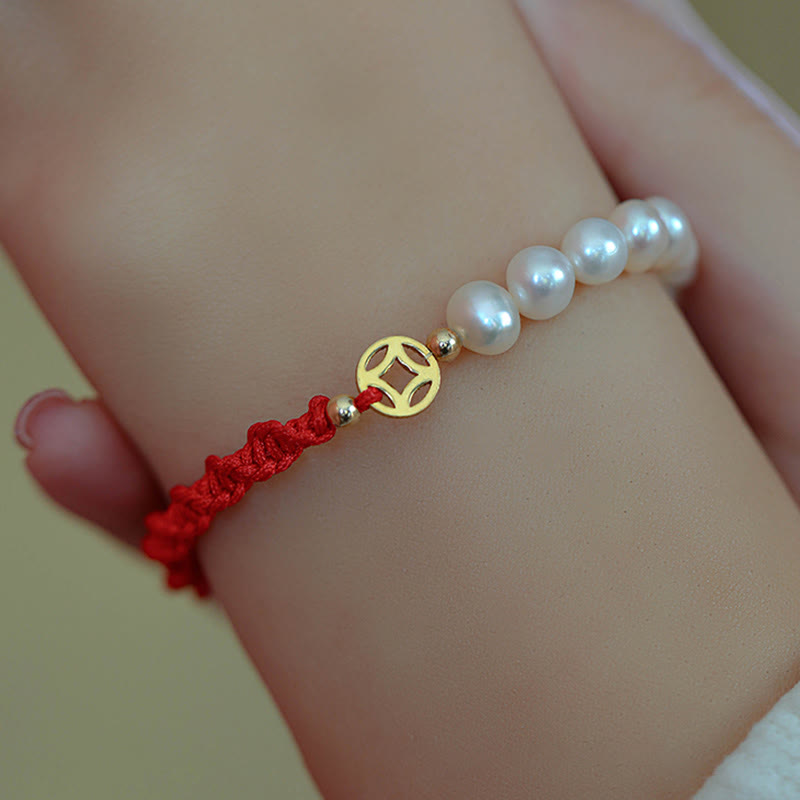 14K Gold Plated Pearl and Prosperity Symbol Braided Red String Bracelet