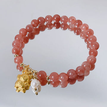 Year of the Dragon Strawberry Quartz Dragon Pearl Charm Protection Bracelet