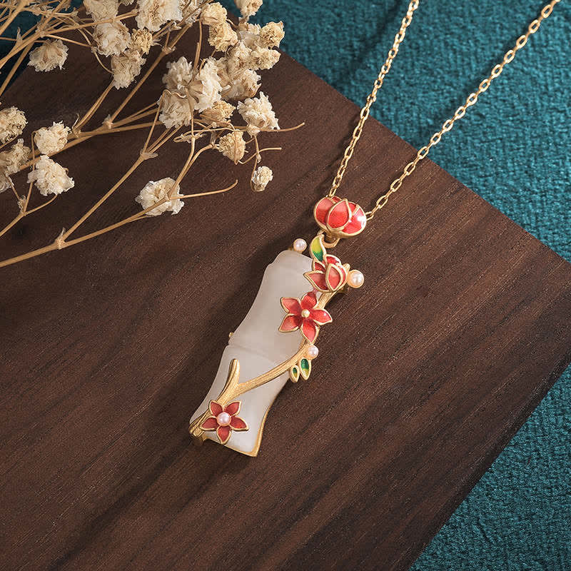 White Jade Bamboo Lotus Flowers Luck Protection Necklace Pendant