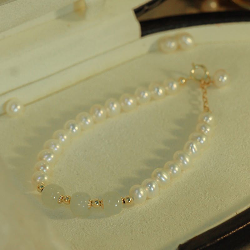 14K Gold Plated Natural Pearl & Hetian Jade Sincerity Bead Chain Bracelet