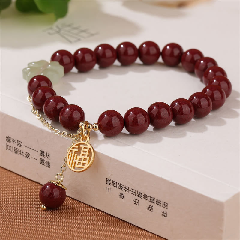 Natural Hetian Jade and Cinnabar Fu Character Clover Beaded Elastic Bracelet