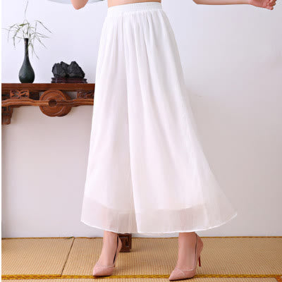 2Pcs Lotus Flower Cheongsam Midi Dress Wide Leg Pants Chiffon Zen Women's Set