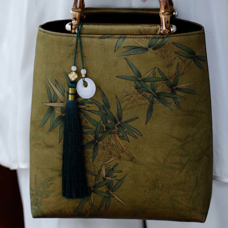 Yellow Green Bamboo Leaves Bamboo Handles Handbag