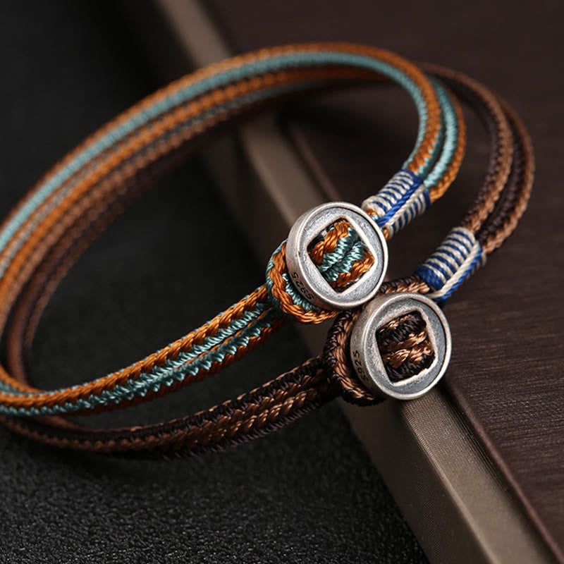 Handmade 925 Sterling Silver Button Weave Cord Bracelet for Men and Women