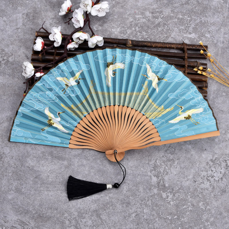 Vintage Cloud Crane Pattern Handheld Bamboo Folding Fan