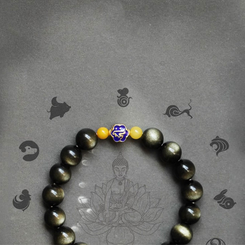Natural Gold Sheen Obsidian & Amber Bracelet with 925 Sterling Silver and Zodiac Guardian