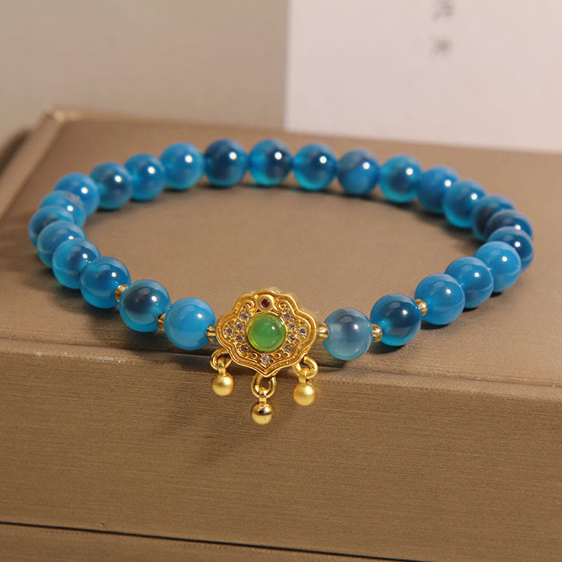 Vibrant Blue Candy Agate and Green Quartz Longevity Lock Charm Bracelet