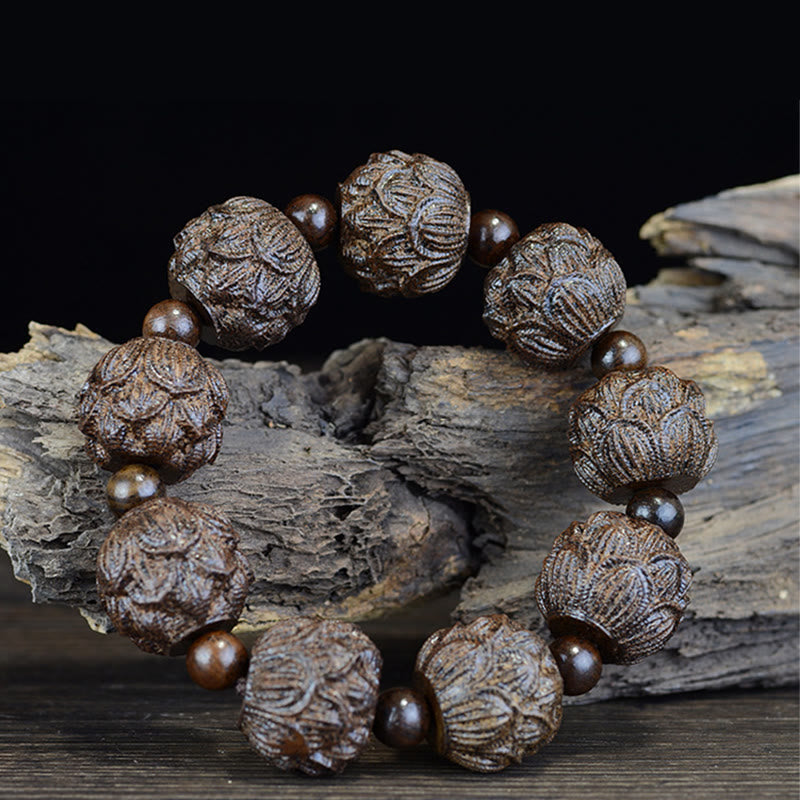 Ebony Wood Eighteen Arhats Lotus Dragon Engraved Balance Bracelet