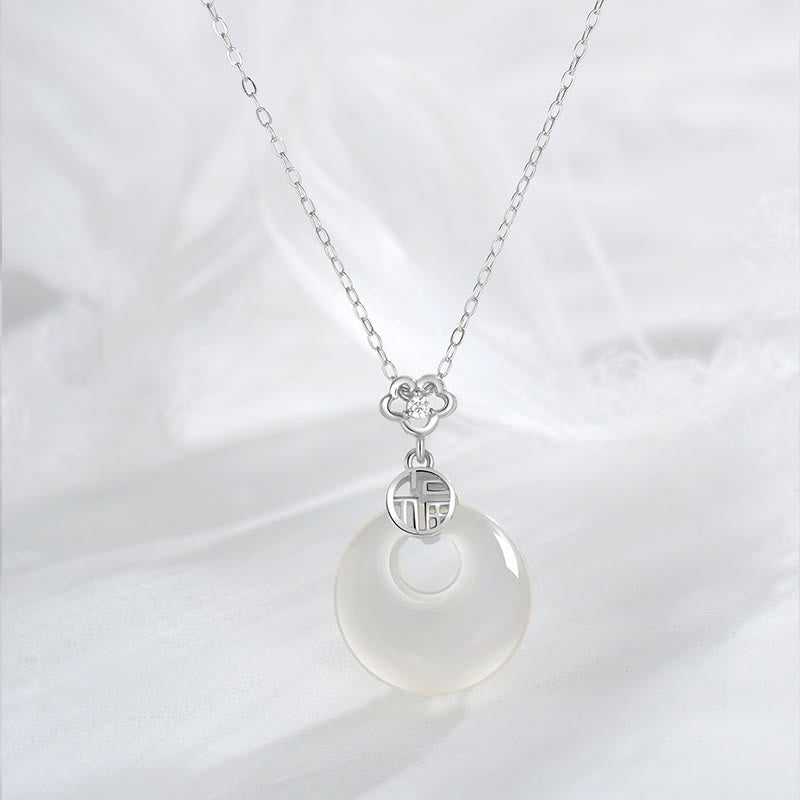 925 Sterling Silver White Agate Fu Character Happiness Luck Necklace Pendant