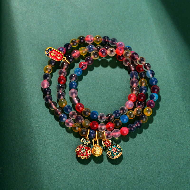 Colorful Candy Agate Gold Swallowing Beast Family Strength Charm Triple Wrap Bracelet