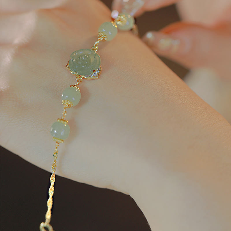 14K Gold Plated Hetian Jade Rose Flower Copper Chain Bracelet