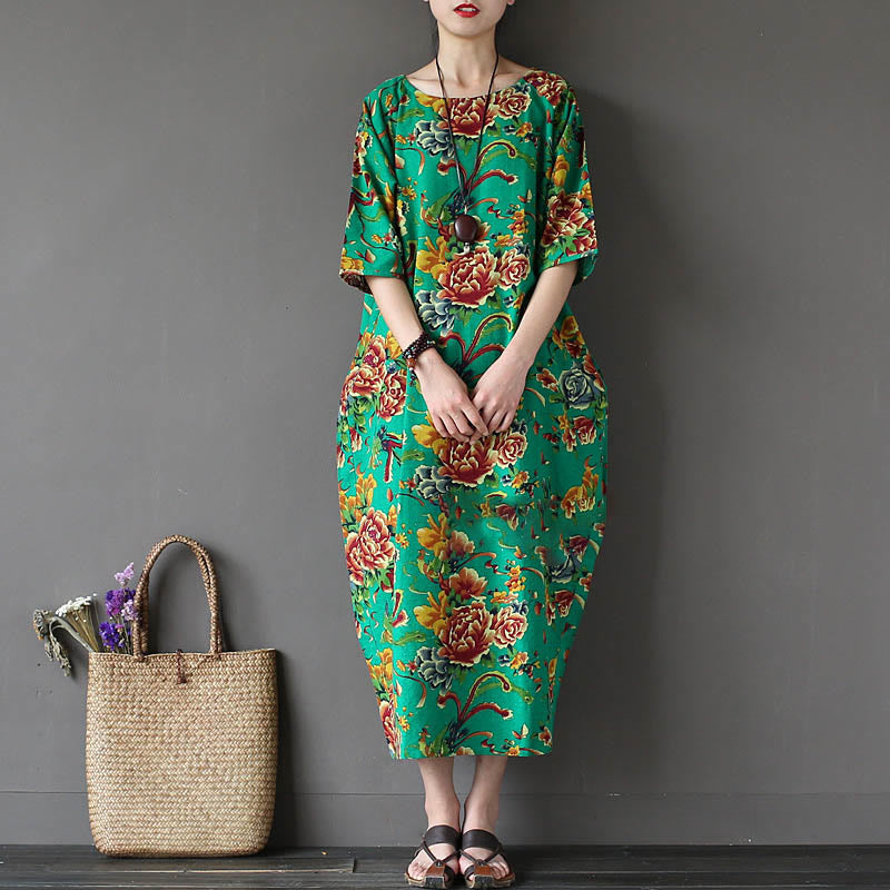 Red Peony Flowers Printed Midi Dress Half Sleeve Cotton Linen Dress