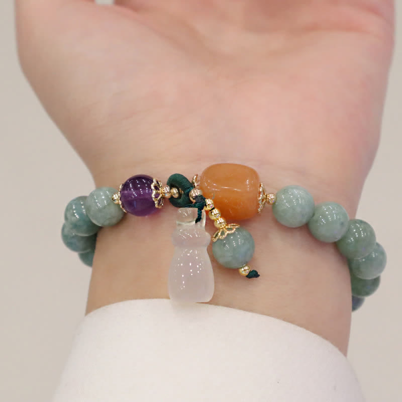 Cyan Jade, Golden Silk Jade & Amethyst Crystal Bracelet with Chalcedony & Energetic Styles
