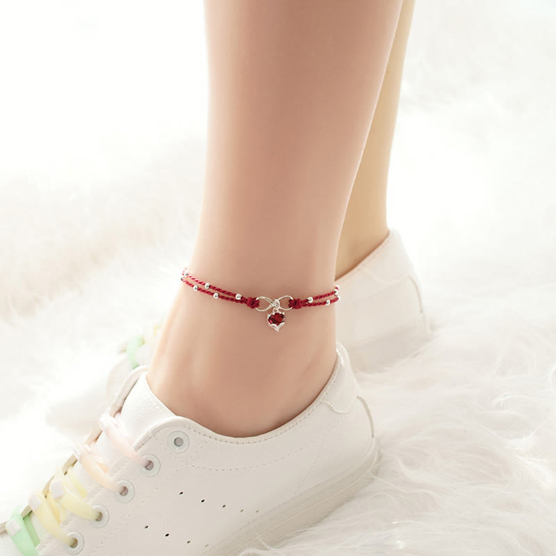 Sterling Silver & Copper Heart Infinity Braided Red String Anklet
