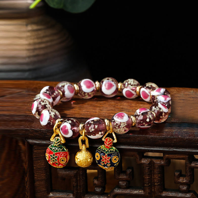 Gold Swallowing Beast Family Pink Love Heart Luminous Fluorescent Liuli Glass Bead Bracelet