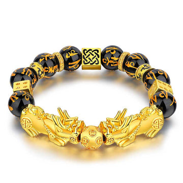 12mm Black Obsidian Beaded Bracelet with Double Pixiu and Om Mani Padme Hum Mantra