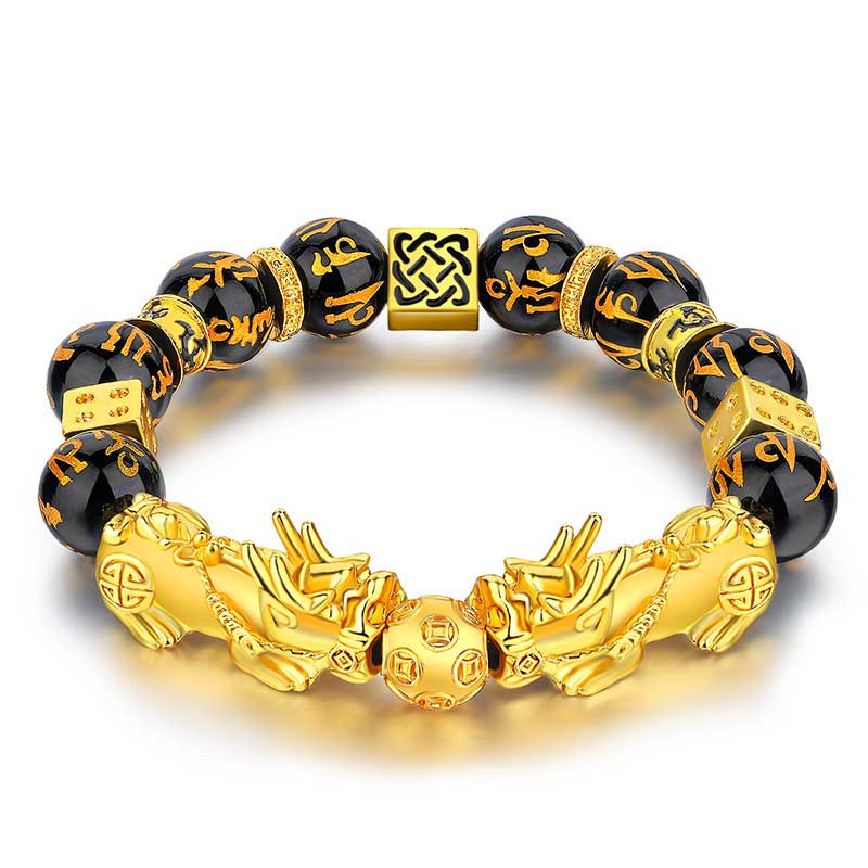 12mm Black Obsidian Beaded Bracelet with Double Pixiu and Om Mani Padme Hum Mantra