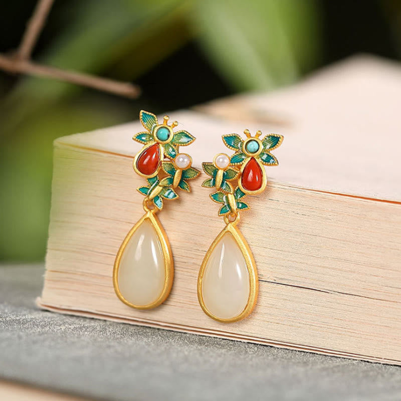 Water Drop White Jade Red Agate Butterfly Protection Drop Dangle Earrings