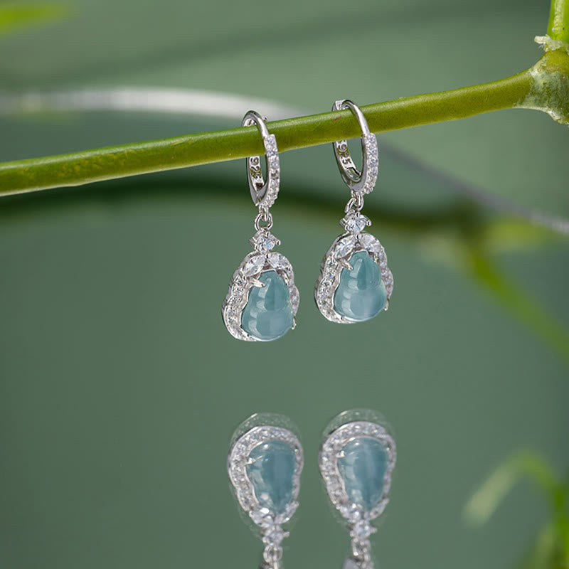 925 Sterling Silver Green Jade Wu Lou Gourd Drop Earrings