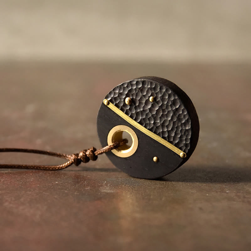 Handcrafted Round Ebony Wood Brass Copper Peace Necklace Pendant