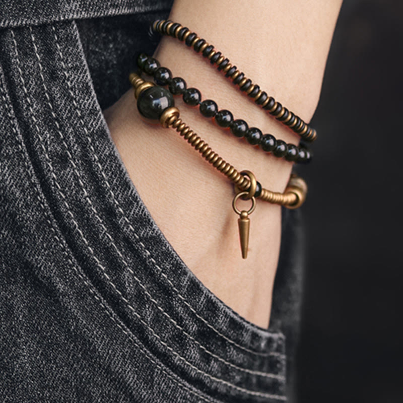 Rainbow Obsidian Ebony Wood Copper Healing Triple Wrap Bracelet