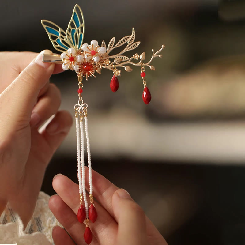 Classical Chinese Style Flower Branche Butterfly Pearl Tassel Hair Clip Hair Comb Hair Crown
