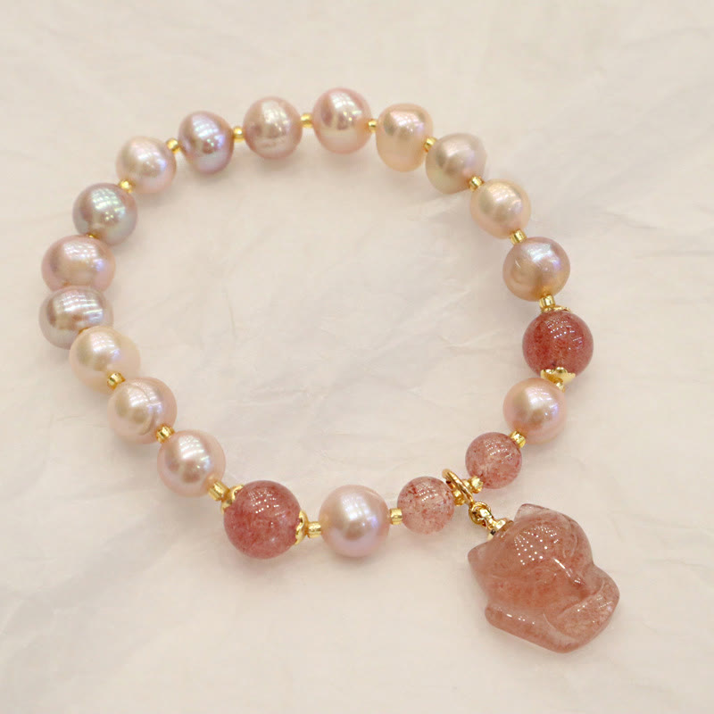 Natural Pearl Strawberry Quartz Cute Fox Love Healing Charm Bracelet