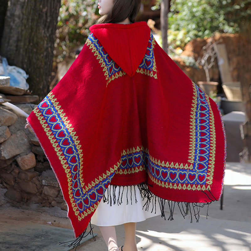 Tibetan Shawl Red Love Heart Tassel Hooded Cloak Winter Cozy Travel Scarf Wrap