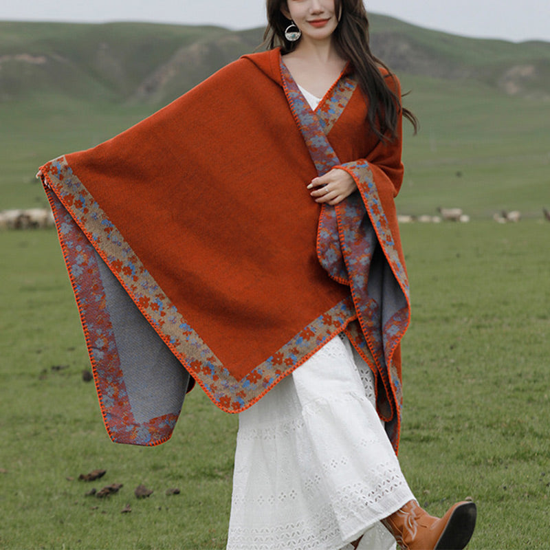 Tibetan Shawl Border Small Floral Flower Hooded Cloak Winter Cozy Travel Scarf Wrap