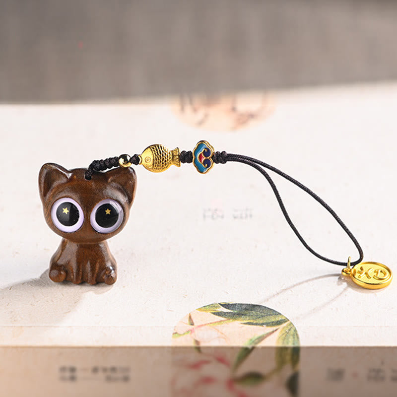 Green Sandalwood Lucky Cat Koi Fish Cure Key Chain Phone Hanging Decoration