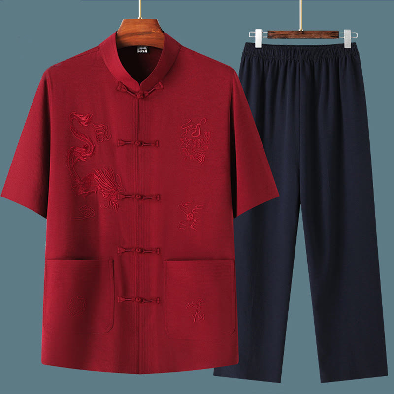 Tang Suit Hanfu Chinese Dragon Traditional Kung Fu Uniform Short Sleeve Tops and Pants Clothing Men's Set