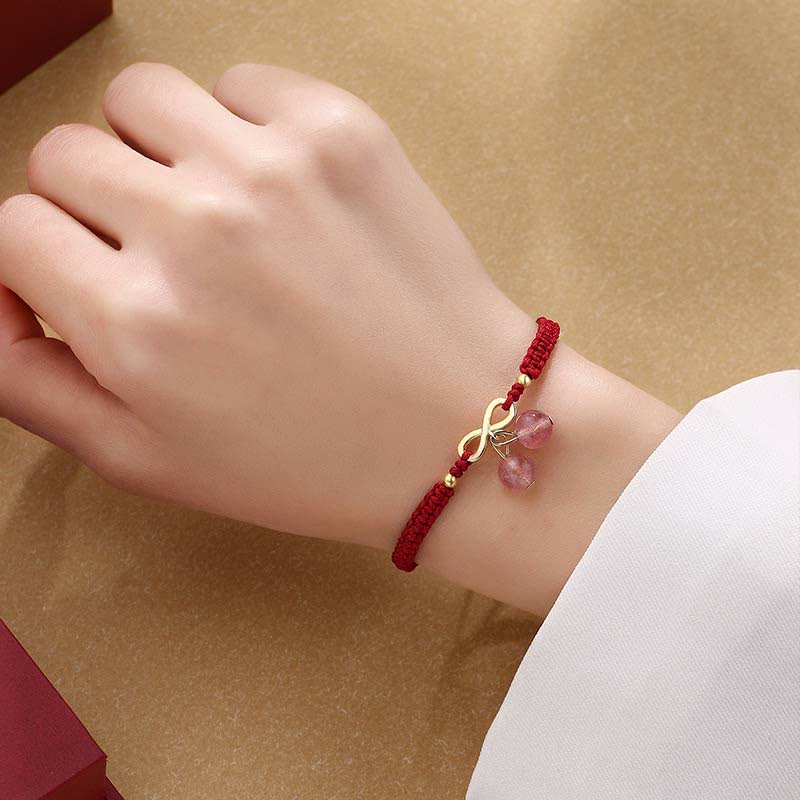 Adjustable Strawberry Quartz Crystal, Copper & Endless Knot Red String Woven Bracelet