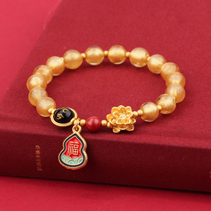 Tibetan Om Mani Padme Hum Lotus & Wu Lou Gourd Copper Charm Liuli Glass Beaded Bracelet