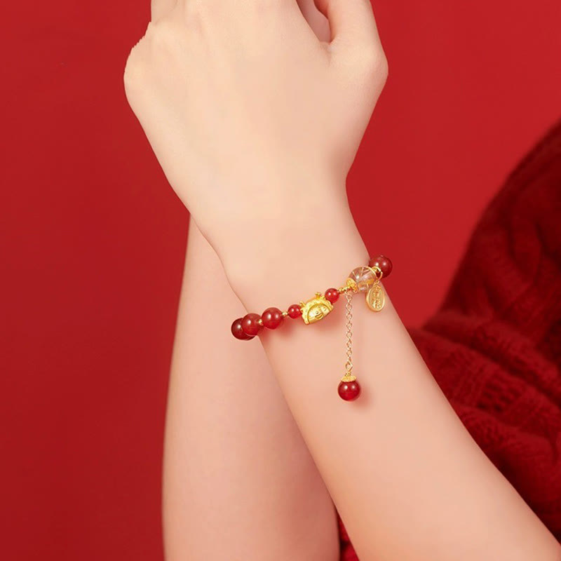 Year of the Dragon Dumpling Natural Red Agate Garnet Hetian Jade Fu Character Luck Success Bracelet