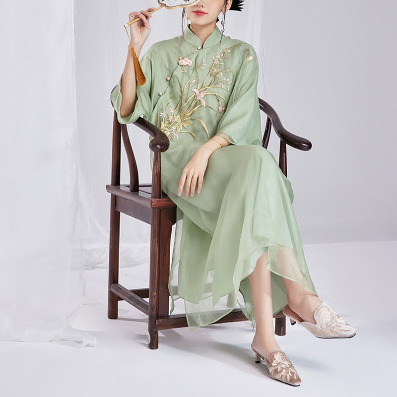 100% Mulberry Silk 6 Momme Dress Vintage Flower Butterfly Embroidery Qipao Dress Women's Cheongsam Dress