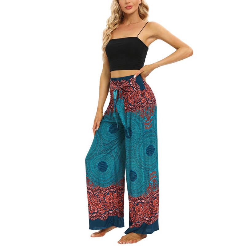 Bohemian Compass Flower Print Lace-up Wide Leg Pants Women's Yoga Pants