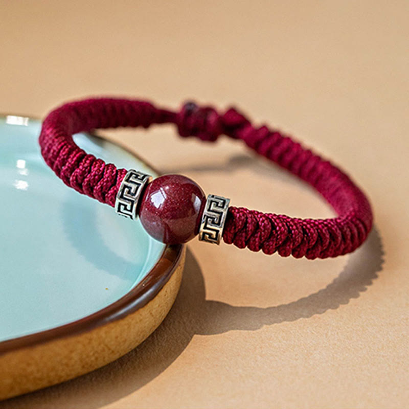 Handmade 925 Sterling Silver and Natural Cinnabar Braided Red String Bracelet