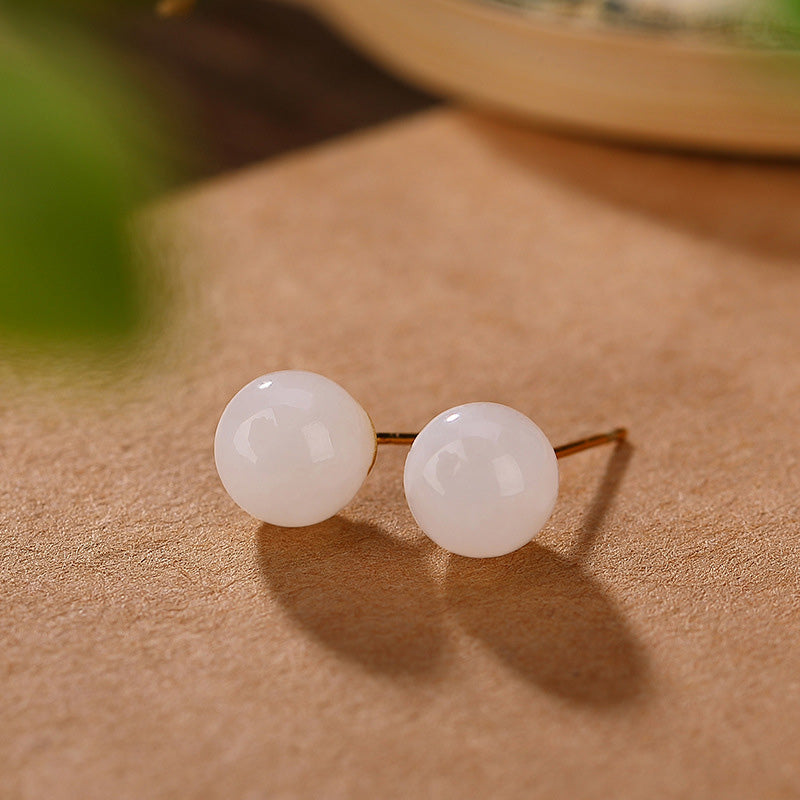 Handmade 925 Sterling Silver Round White Jade and Gold Minimalist Stud Earrings