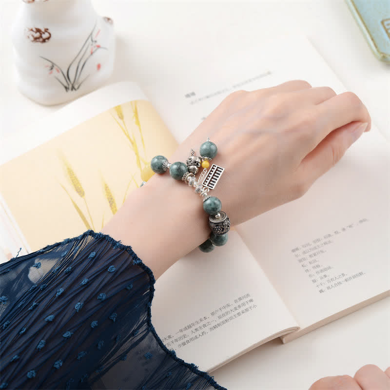 925 Sterling Silver Cyan Jade & Amber Abacus Lucky Cat Charm Bracelet