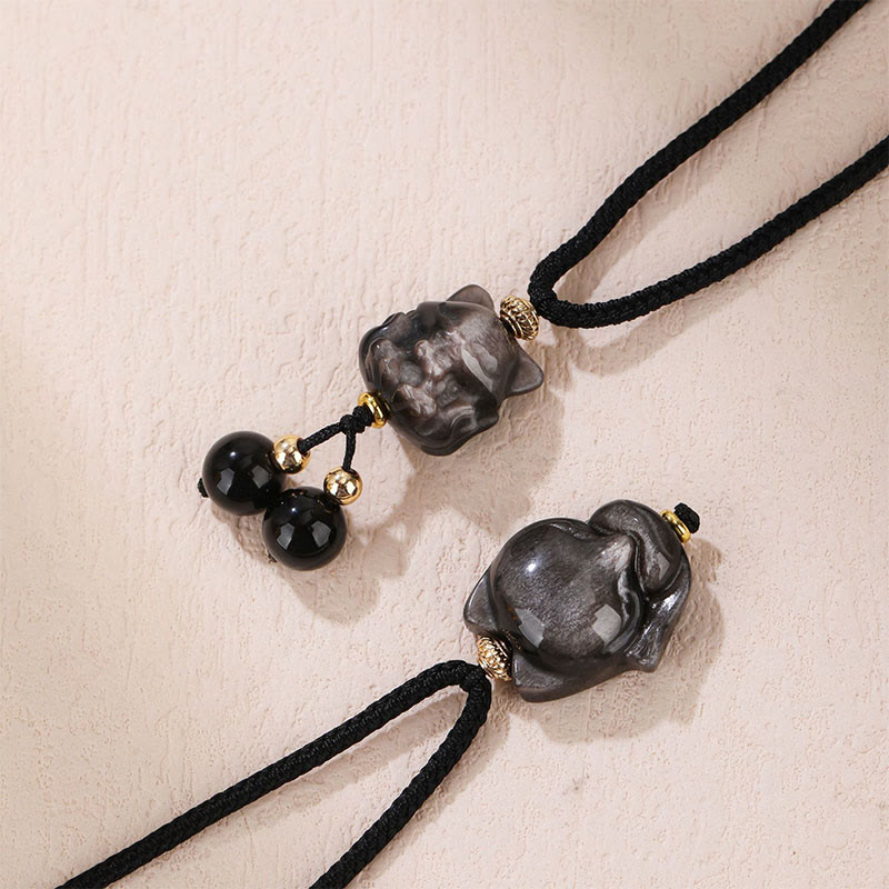 Natural Silver Sheen Obsidian Nine Tailed Fox Protection Necklace Pendant