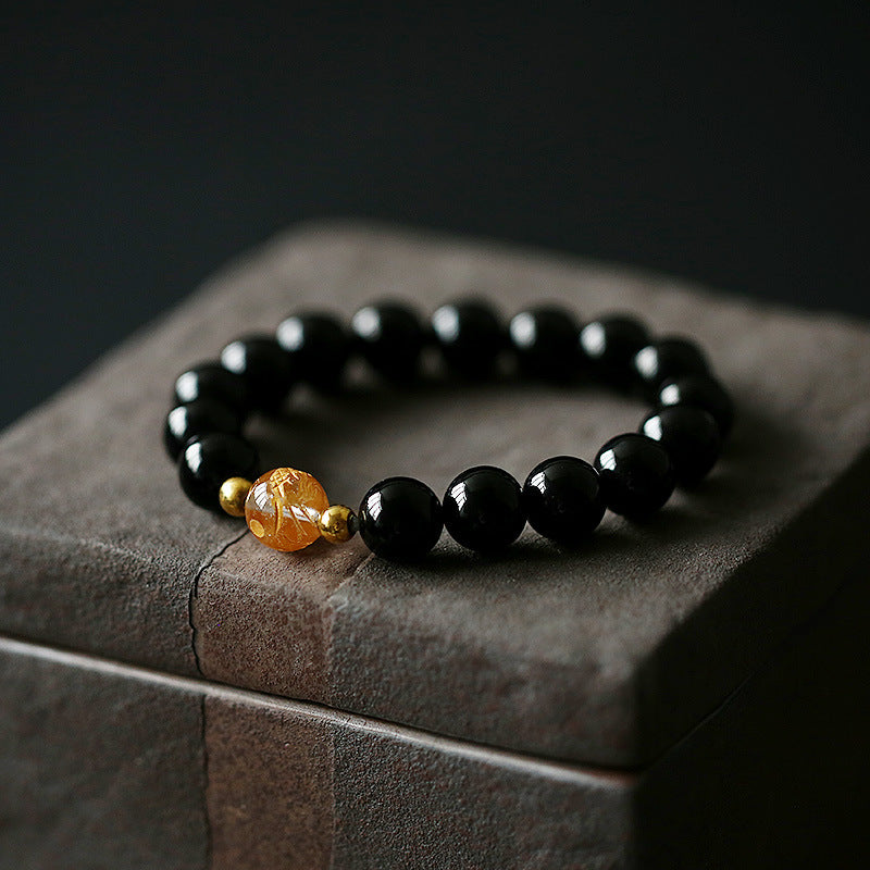 Natural Black Obsidian White Crystal Black Onyx Dragon Strength Bracelet
