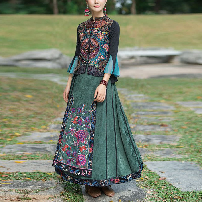 Vintage Style Embroidery Flower Tang Suit Design Sleeveless Vest