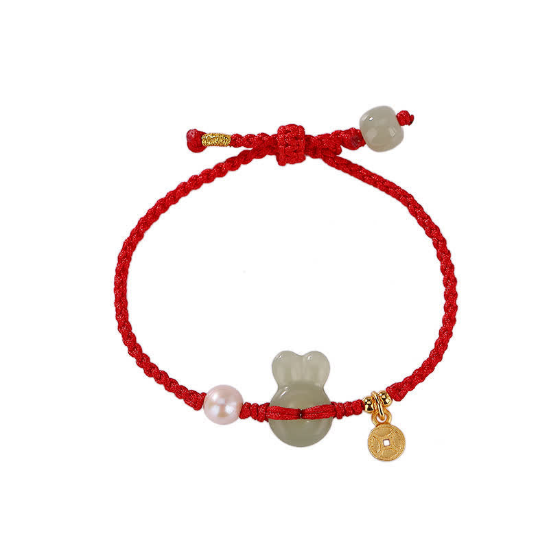 925 Sterling Silver Hetian Jade & Pearl Rabbit Chinese Coin Red String Bracelet