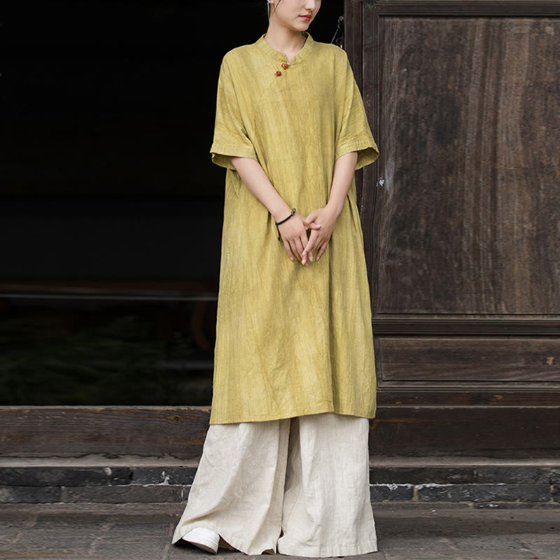 Handmade Tie Dye Ramie Linen Midi Dress Wide Leg Pants With Pockets